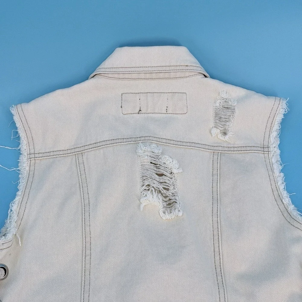Pol‎ Women's Cream Distressed Denim Rope Lace-Up Sides Jean Vest Size Medium